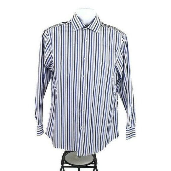 Perry Ellis Blue Stripe Slim Fit Long Sleeve Button Front Shirt Men 15 1/2-32/33 - Picture 1 of 10